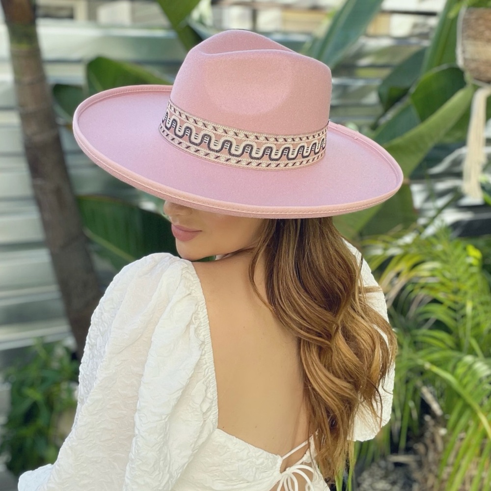 Pink Wide-Brim Hat with Embroidered band